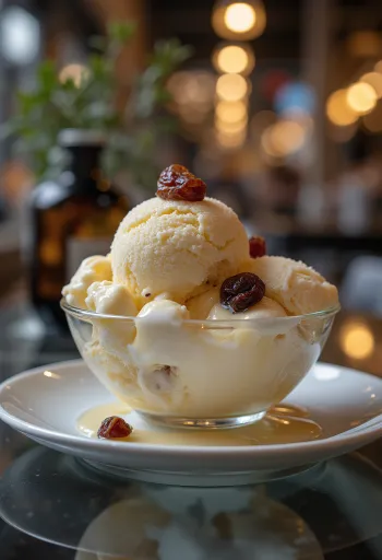 Gelato Malaga (Rum e Uvetta) servito con consistenza cremosa