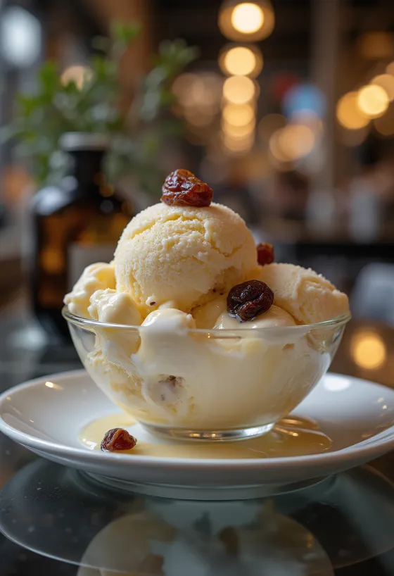 Gelato Malaga (Rum e Uvetta) servito con consistenza cremosa