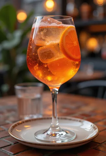 Aperol Spritz decorato con fetta d'arancia e cubetto di ghiaccio