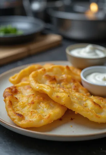 Lángos di patate fritti dorati serviti con panna acida all'aglio e formaggio grattugiato.