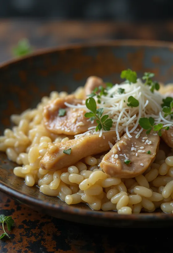 Risotto ai fegatini di pollo servito con parmigiano e prezzemolo