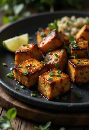 Tofu Jerk servito con coriandolo e decorato con peperoncino rosso