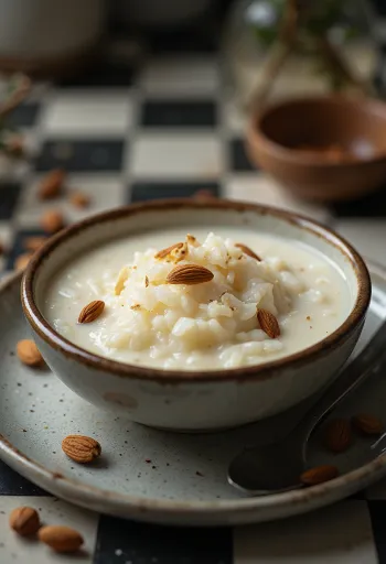 Dessert Kheer di riso decorato con mandorle e cardamomo
