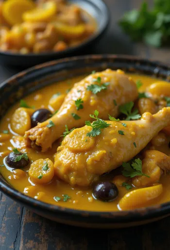 Tagine di pollo con limoni canditi servita in una tagine tradizionale