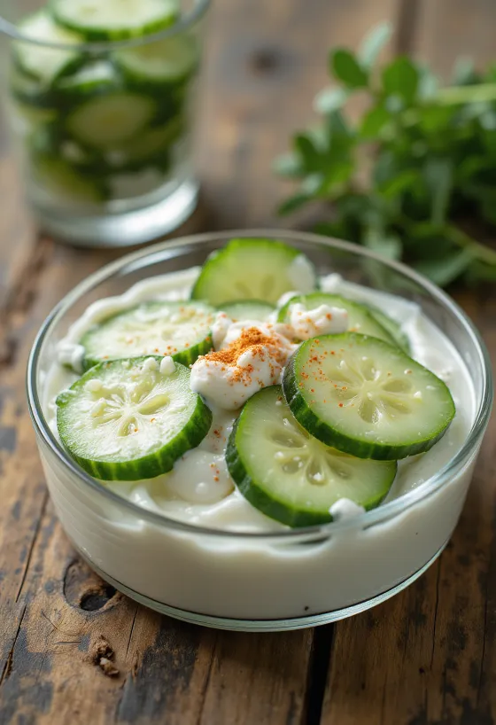 Insalata fresca di cetrioli con panna acida, aglio e paprika, servita in una ciotola bianca.