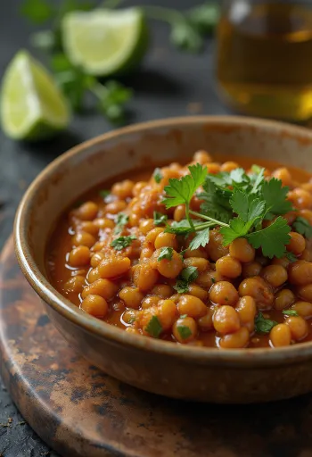 Ciotola di Vindaloo di lenticchie fumante con latte di cocco
