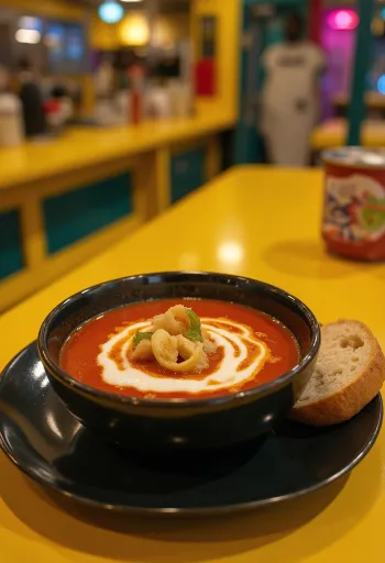 Vellutata di pomodoro e basilico cremosa servita