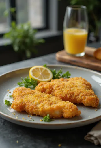 Cotoletta alla viennese croccante servita con limone e patate al prezzemolo