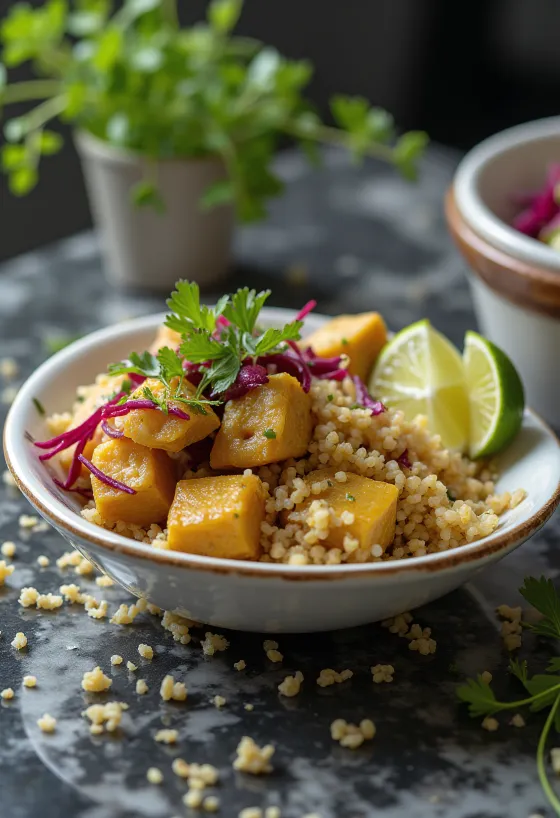 Curry di quinoa e tofu con barbabietola e lime servito