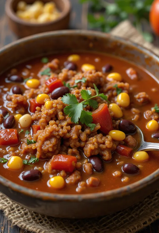 Chili con carne servito con riso e tortilla chips