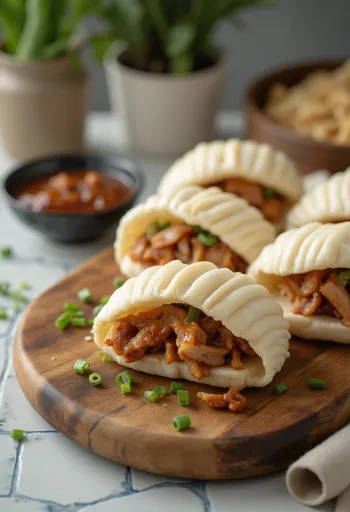 Baozi cinese al vapore con carne d'anatra arrosto, ripieno di salsa hoisin, servito in vaporiera di bambù