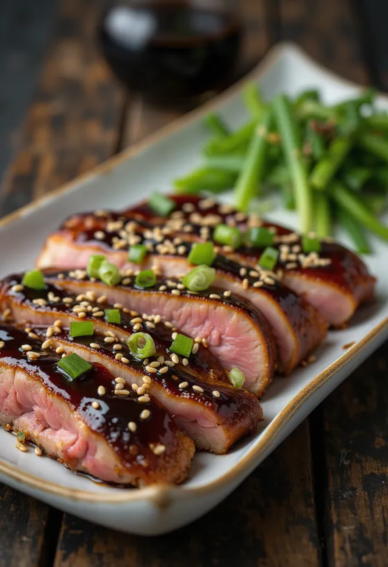 Anatra Teriyaki, petto d'anatra stile giapponese con salsa e semi di sesamo
