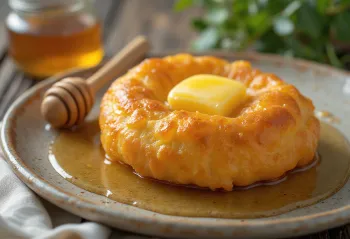 Vetkoek con miele e burro, impasto fritto fresco con ripieno dolce