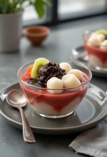 Anmitsu con shiratama dango, servito con frutta fresca