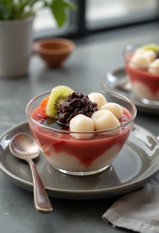 Anmitsu con shiratama dango, servito con frutta fresca