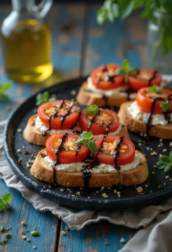 Bruschetta con pomodoro, formaggio di capra e basilico fresco