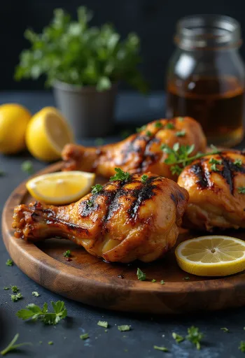 Cosce di pollo alla griglia dorate, con pelle croccante e decorate con erbe fresche
