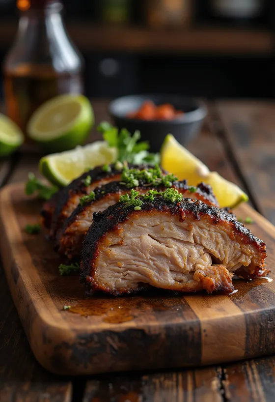 Jerk pork servito con riso e piselli