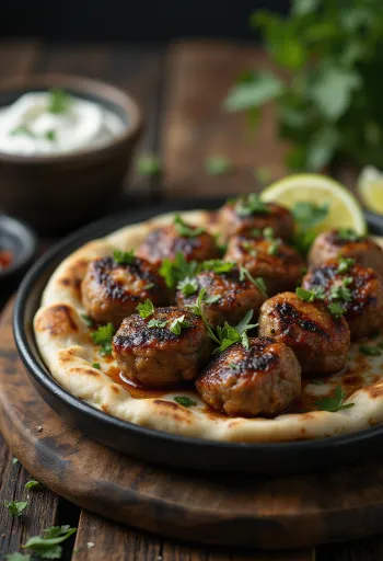 Kofta di agnello, servita con pane pita fresco e yogurt