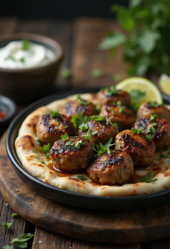 Kofta di agnello, servita con pane pita fresco e yogurt