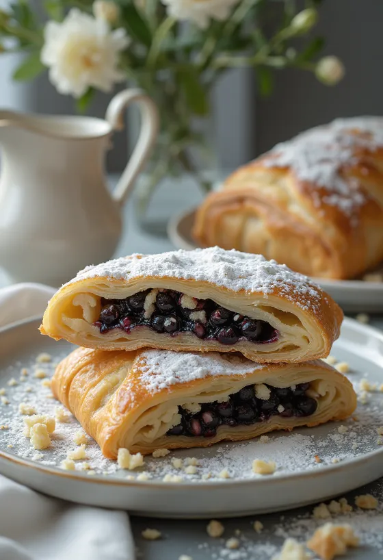Strudel ai semi di papavero appena sfornato, croccante, tagliato a fette e cosparso di zucchero a velo.