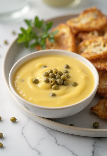 Salsa alla senape e miele con capperi in una ciotola, decorata con capperi e prezzemolo fresco.