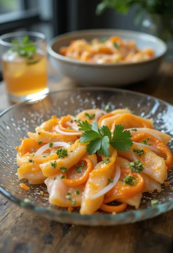 Tiradito con salsa rocoto, con fette di pesce fresco e coriandolo