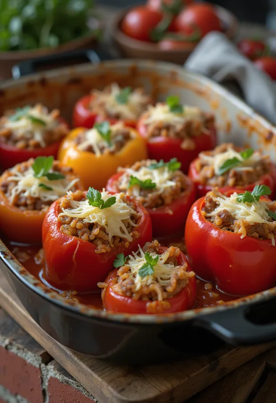 Peperoni ripieni di carne macinata serviti