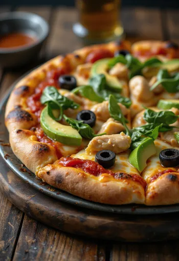 Pizza California con avocado fresco, petto di pollo e spinaci