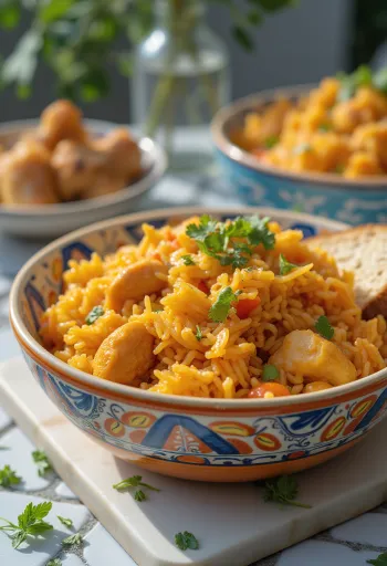 Riso Jollof servito con pollo