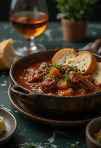 Pörkölt di manzo con cubetti di carne succosi, servito in salsa alla paprika