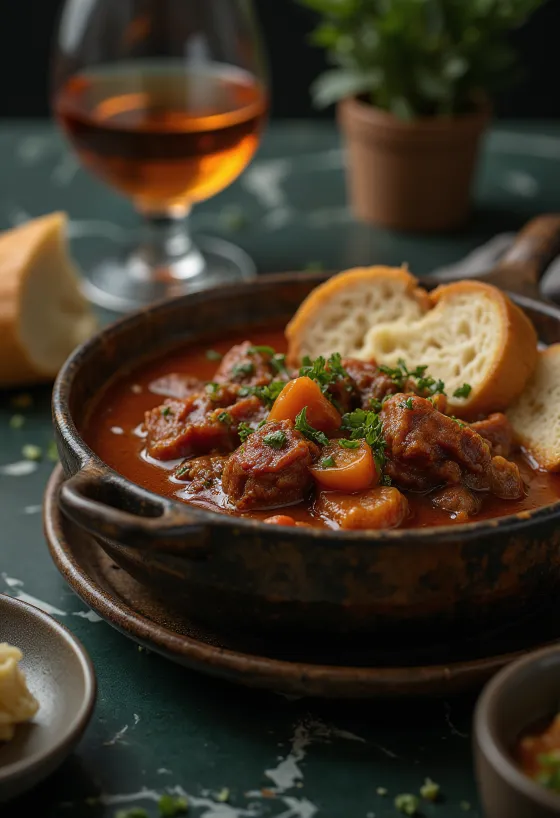 Pörkölt di manzo con cubetti di carne succosi, servito in salsa alla paprika