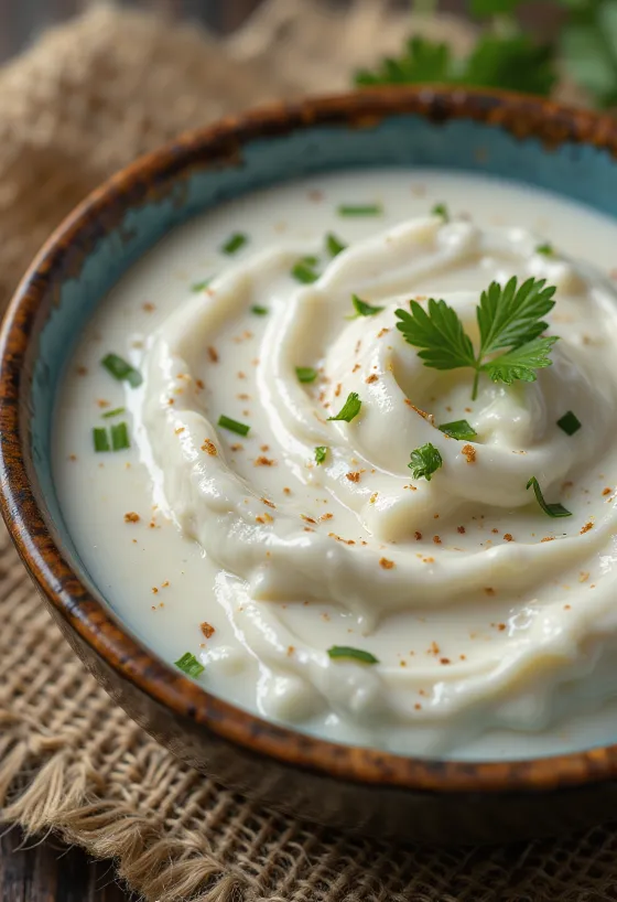 Salsa alla panna acida e aneto servita con verdure e pesce