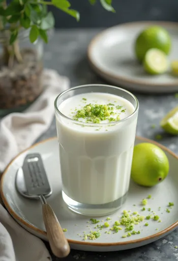 Bevanda kefir cocco e lime servita in bicchieri, colore cremoso chiaro, decorata con scorza di lime