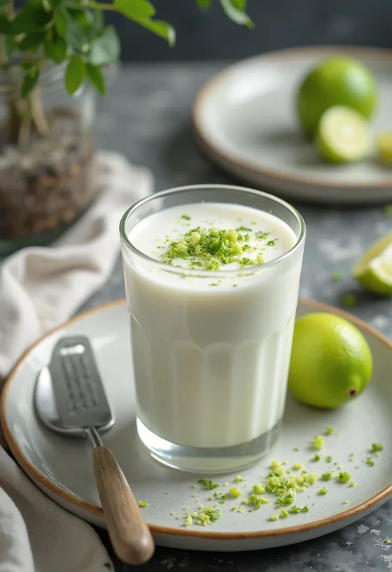 Bevanda kefir cocco e lime servita in bicchieri, colore cremoso chiaro, decorata con scorza di lime