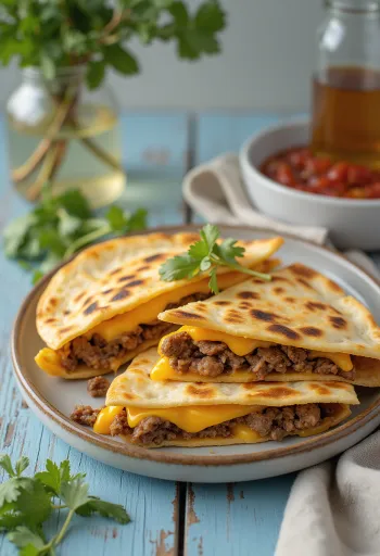 Quesadilla con manzo, servita con formaggio grattugiato e peperoni freschi