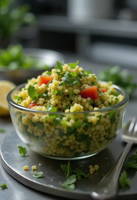 Tabbouleh di quinoa servito con erbe aromatiche fresche