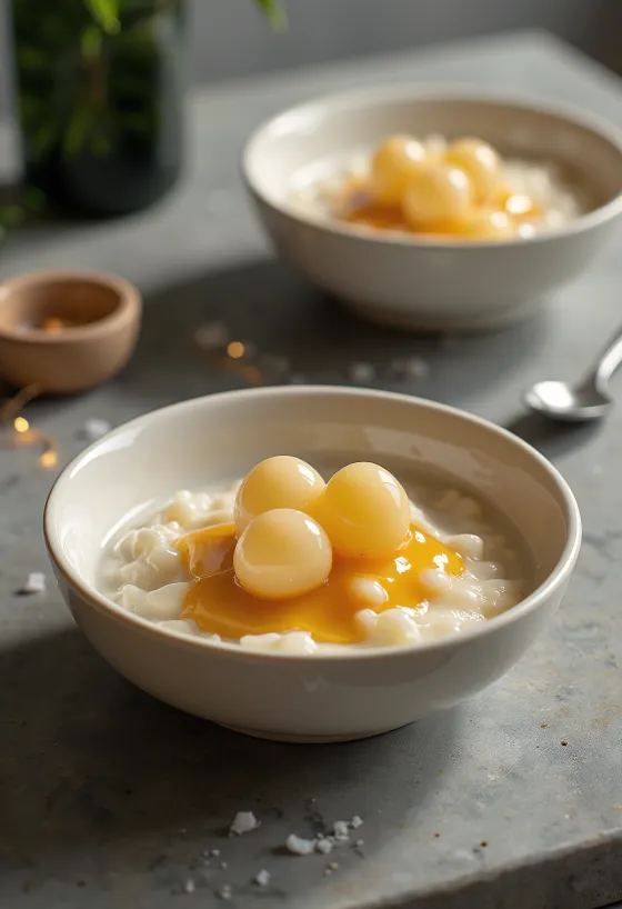 Budino di tapioca guarnito con salsa al caramello lucida