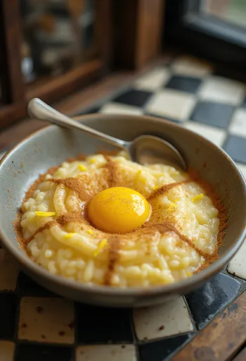 Arroz doce con tuorli, servito con cannella e scorza di limone