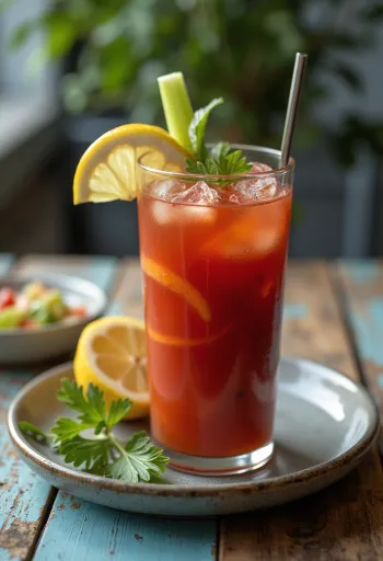 Cocktail Bloody Mary decorato con gambo di sedano e fetta di limone