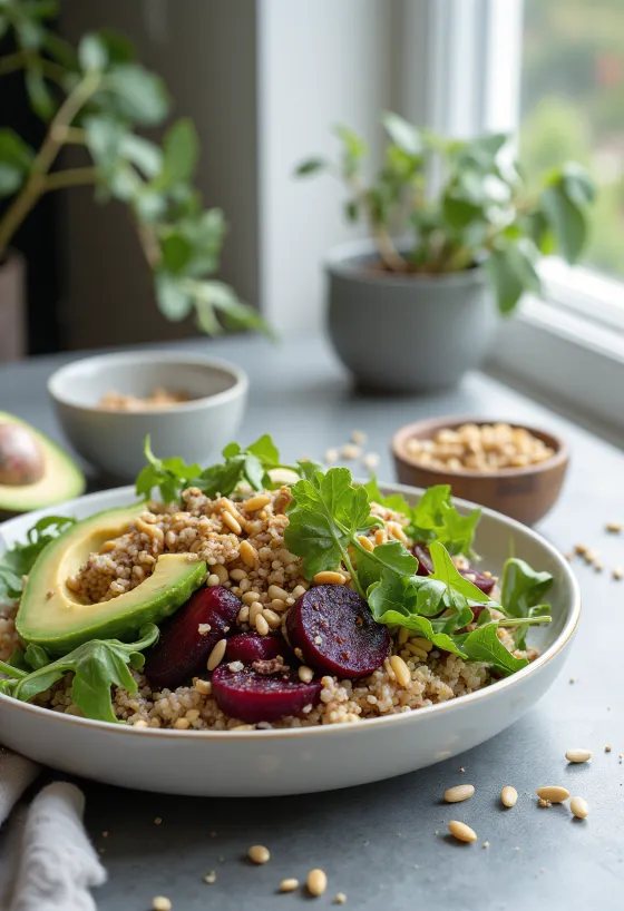 Buddha bowl di quinoa e barbabietola con semi tostati
