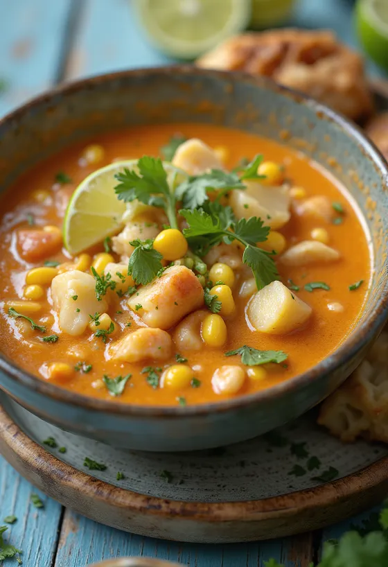 Chupe de cangrejo, zuppa di granchio servita con coriandolo fresco