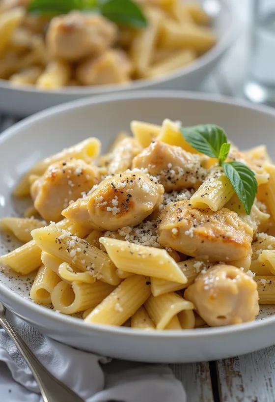 Pasta con pollo in salsa cremosa e cosparsa di erbe fresche