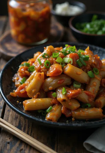 Gat kimchi di foglie di senape, appena preparato, in ricchi colori rosso e verde