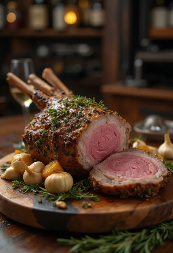 Cosciotto d'agnello arrosto servito con verdure