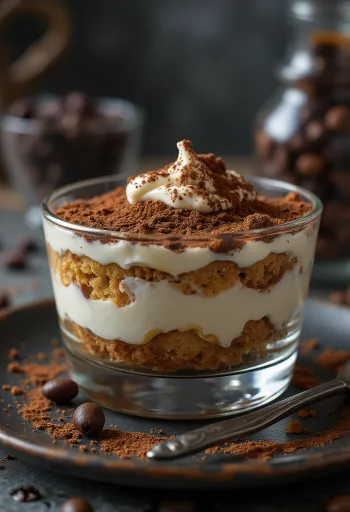 Tiramisù classico, savoiardi a strati e spolverata di cacao