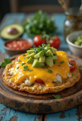 Tostada al formaggio, servita con verdure fresche e coriandolo