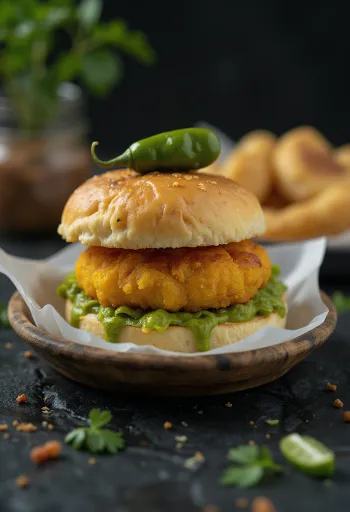 Vada Pav ripieno di carne servito
