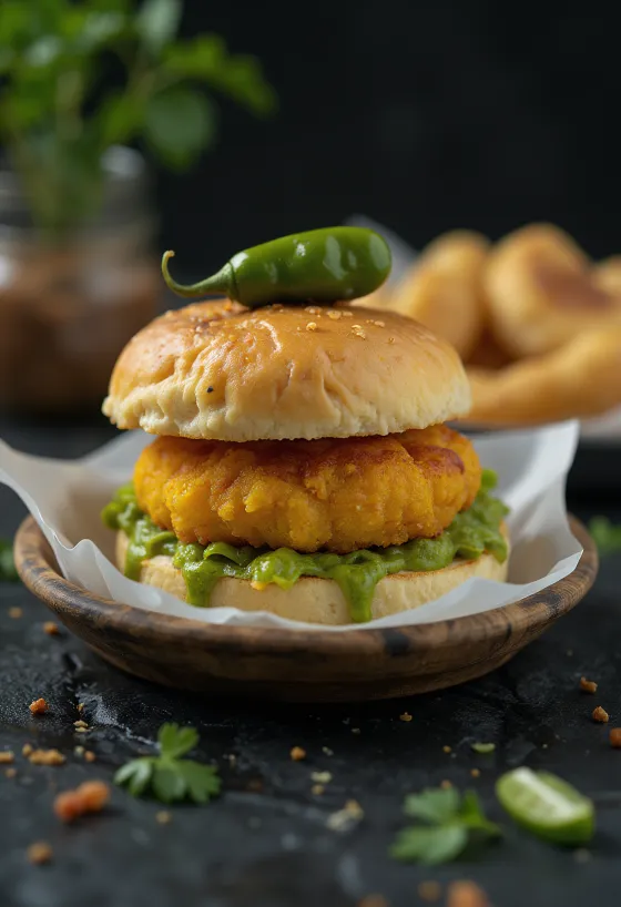 Vada Pav ripieno di carne servito
