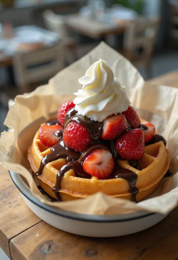 Waffle da fiera con salsa al cioccolato e panna montata
